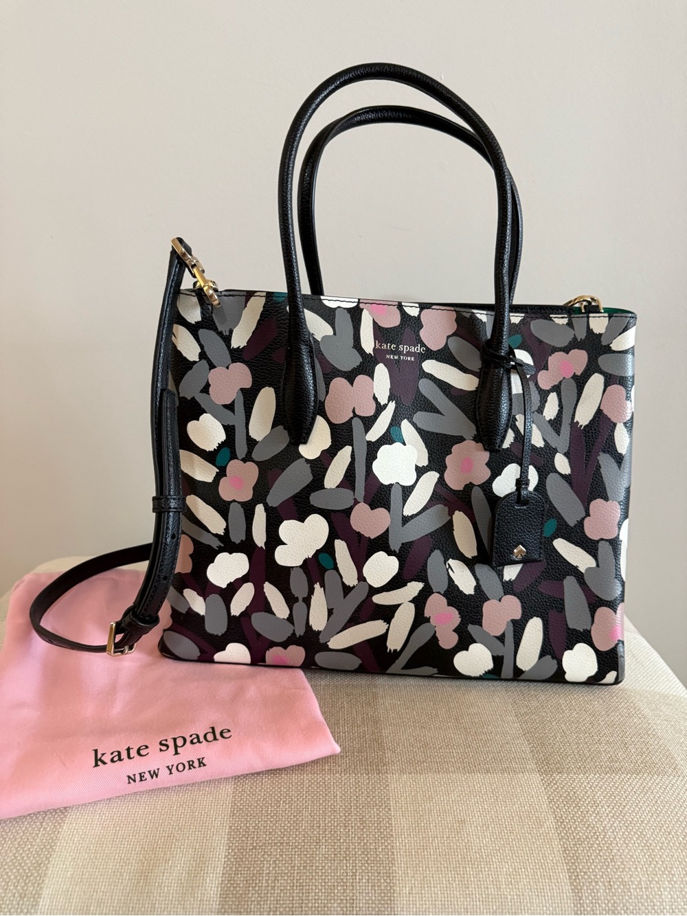 kate spade Black Floral Print Leather Tote with Pink & Cream Accents